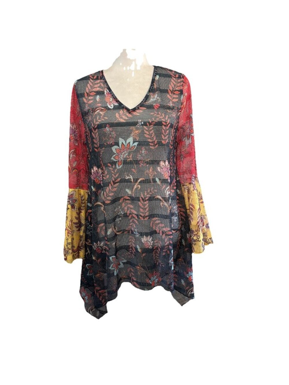 Paris Hues Y2K Open Knit Tunic Sheer Blouse Bell Sleeve Boho Hippie Fairy Sz L